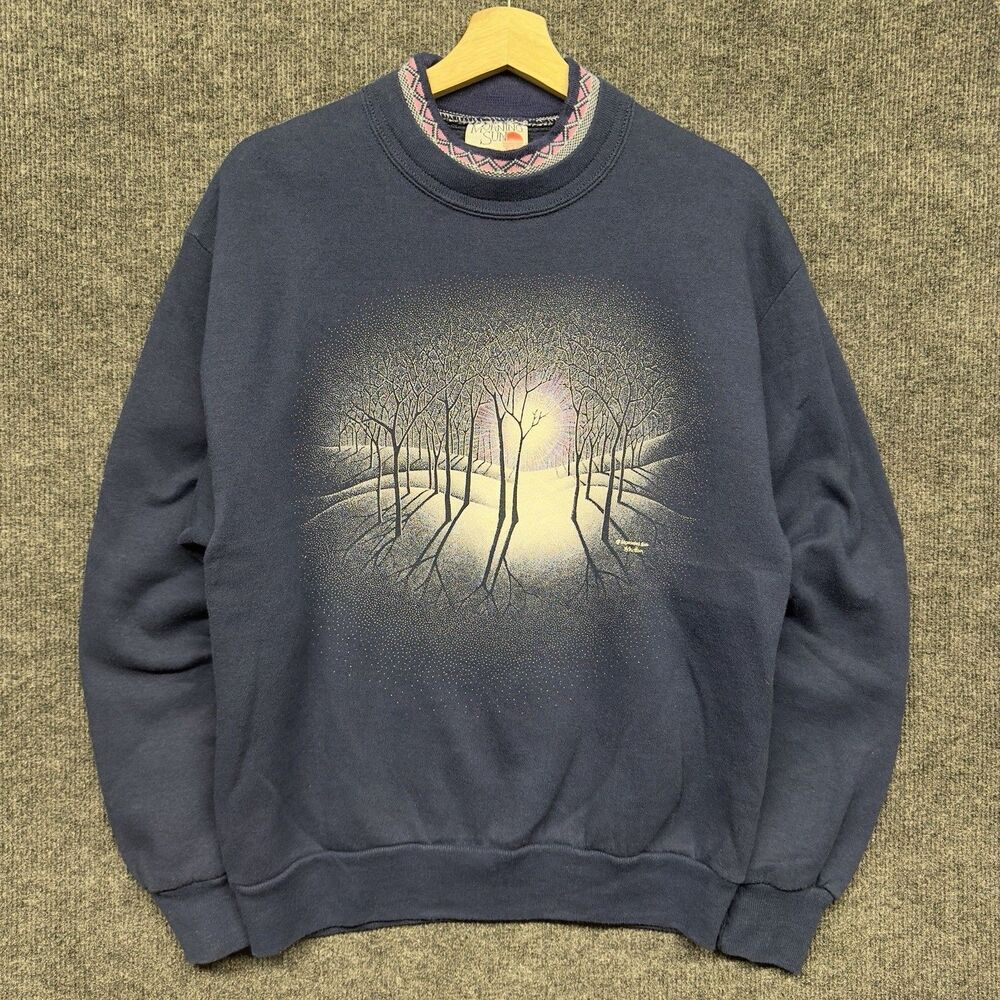 Vintage 90s Morning Sun Sweatshirt Blue Winter Scene Trees Moon Size M Grandma